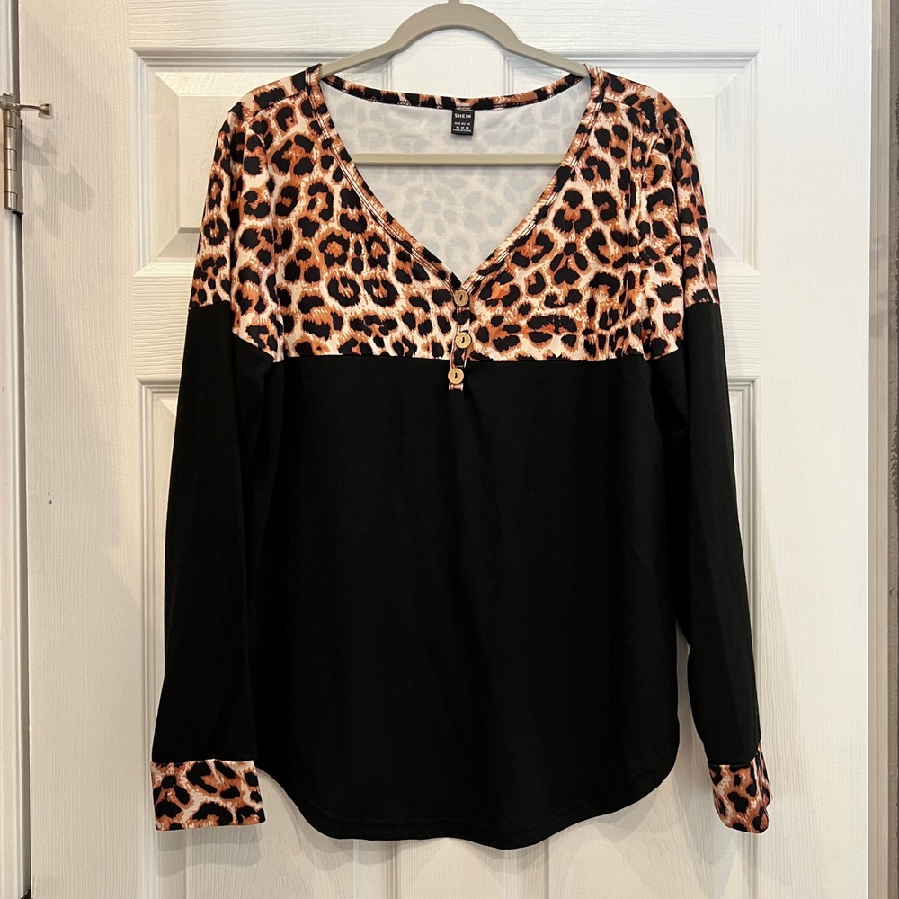 SHEIN Henley Top Polyester Elastane Leopard Colorblock Casual Safari Cheetah XL